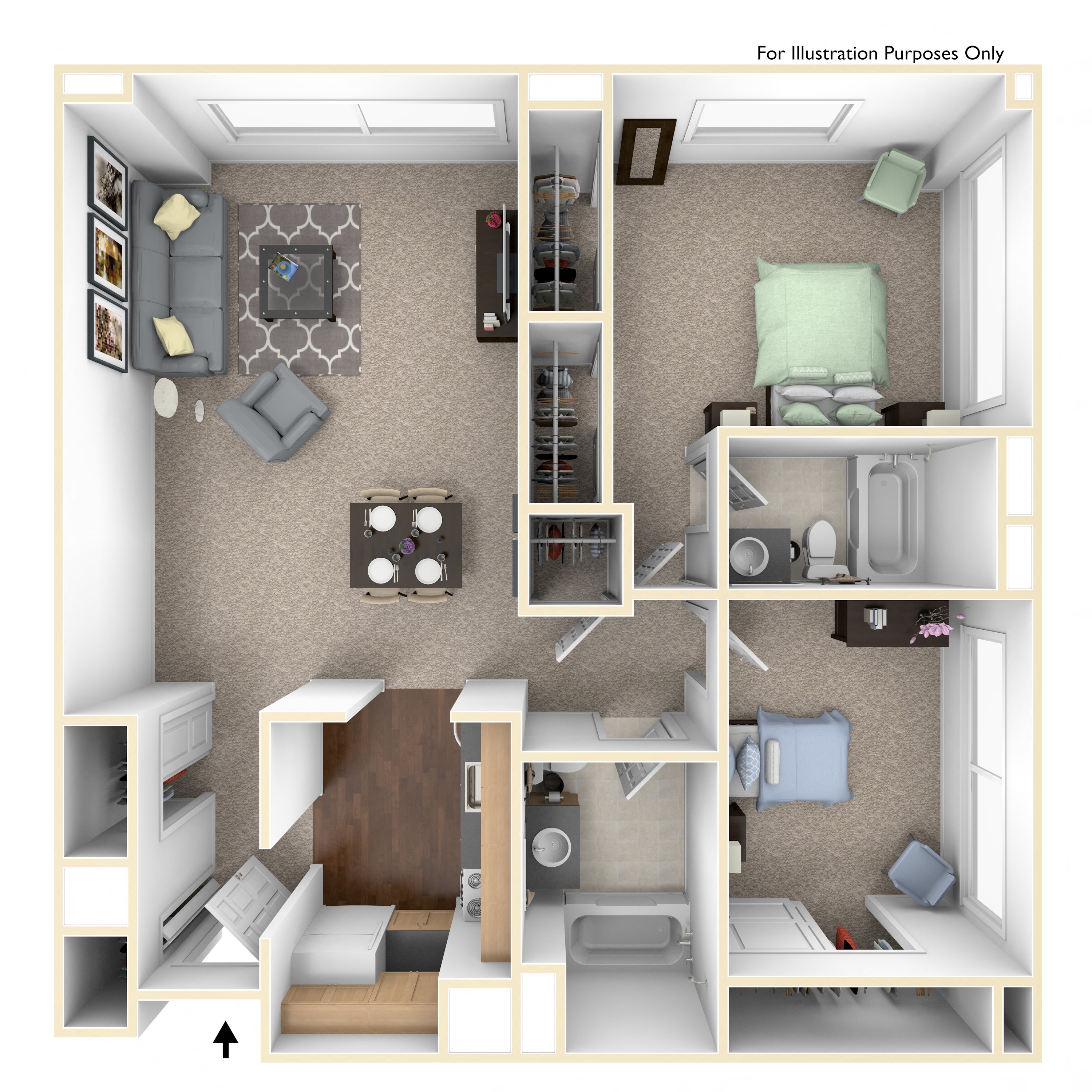 Floor plan for 2 beds, 2 baths, 965 sqft
